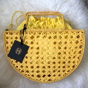 Raffia Woven Basket Half-Moon Top Handle Bag House of Harlow 1960